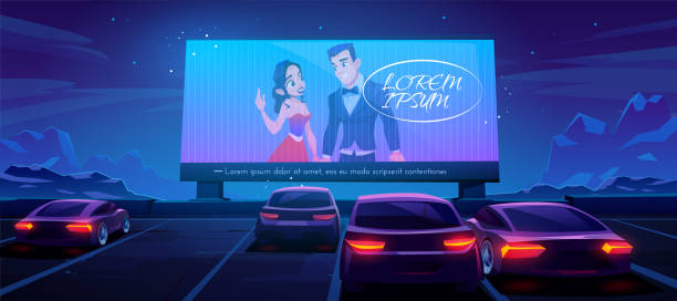 Car cinema. Drive-in theater with auto on parking Car cinema. Drive-in theater with automobiles stand in open air parking at night. Large outdoor screen with love movie scene glowing in darkness on starry sky background. Cartoon vector illustration couple driving at night stock illustrations