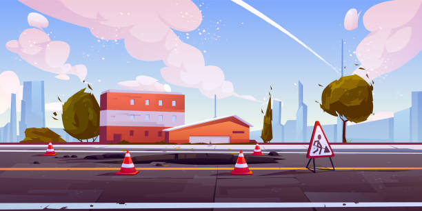 ilustraciones, imágenes clip art, dibujos animados e iconos de stock de carretera en construcción vista de la calle cityscape - inferior view illustrations