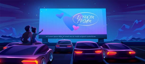 Couple at car cinema, dating in drive-in theater Couple at car cinema. Romantic dating in drive-in theater with automobiles stand in open air parking at night. Loving man and woman sitting on auto roof watching love movie Cartoon vector illustration woman driving car night stock illustrations