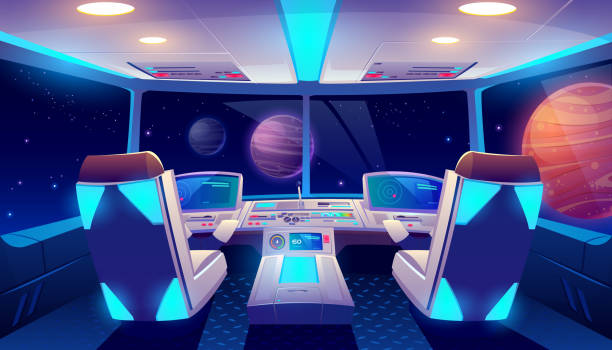 Spaceship cockpit interior space and planets view Spaceship cockpit interior with space and planets view, rocket cabin with control panel, neon glowing seats for pilots and flight deck with navigation monitors, pc game Cartoon vector illustration airplane seat stock illustrations