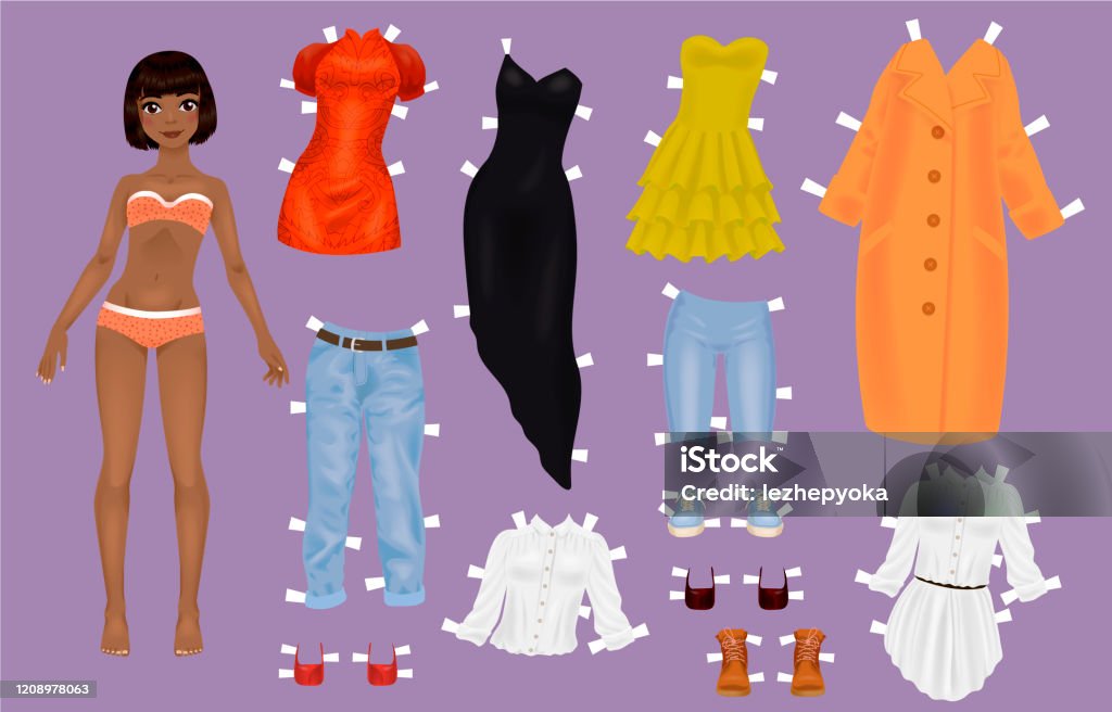Coleção de roupas de boneca de papel linda garotinha afro para aplicativos  da web imprimir recortes ilustração vetorial de design de jogos para  crianças