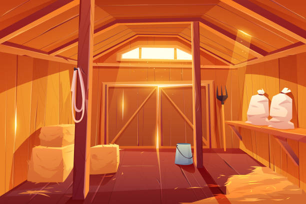 Farm barn house inside view. Empty ranch interior Farm barn house inside view. Empty wooden ranch interior with haystacks, sacks, fork, huge gate and little window under ceiling. Traditional countryside storehouse building Cartoon vector illustration ceiling illustrations stock illustrations