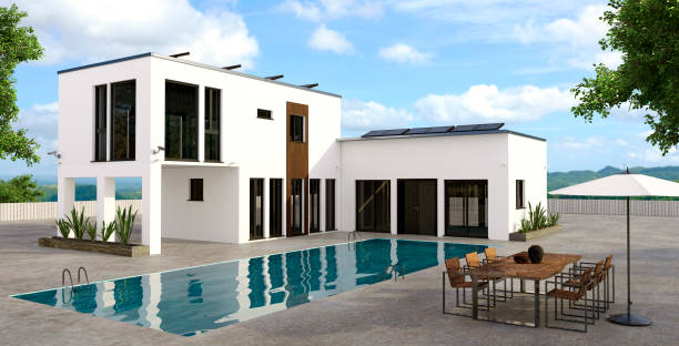istock Modern house render with large swimming pool. 1208978420