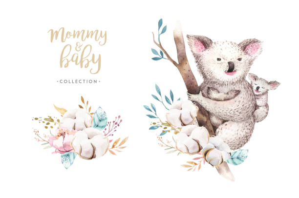 ilustrações de stock, clip art, desenhos animados e ícones de watercolor cute cartoon little baby and mom koala with floral wreath. isolated tropical illustration. mother and baby design. animal family. kid love birthday drawing - koala young animal australia mother