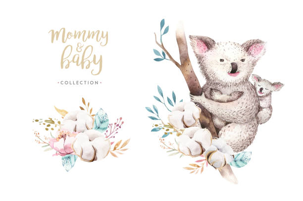 акварель милый мультфильм маленький ребенок и мама коала с цветочным венком. изолированная тропическая иллюстрация. мать и ребенок дизайн. - koala animal love cute stock illustrations