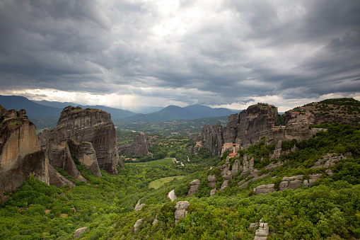 Meteora with its ancient monasteries and sandstone rock formations.  Thessaly. Greece