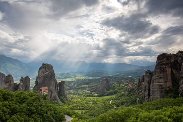 Meteora with its ancient monasteries and sandstone rock formations.  Thessaly. Greece
