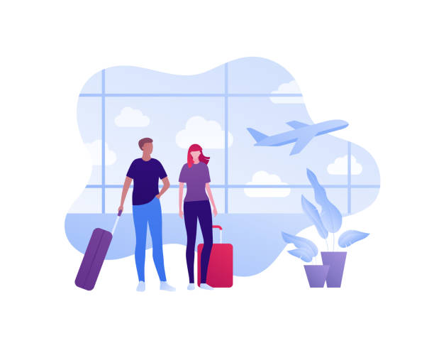 Travel around world by airlines concept. Vector flat person illustration. Family couple in airport hall with tourist bags. Airplane sign. Design element for banner, background, sketch, art. Travel around world by airlines concept. Vector flat person illustration. Family couple in airport hall with tourist bags. Airplane sign. Design element for banner, background, sketch, art. travel destinations illustrations stock illustrations