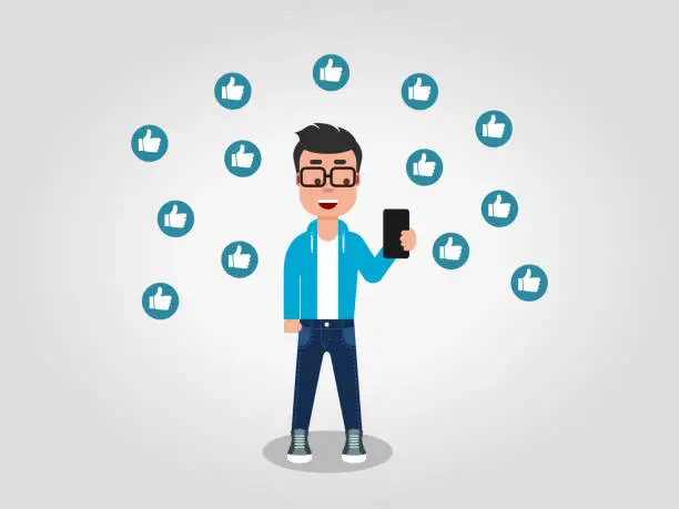 Vector illustration of A happy young man looking at his mobile phone, surrounded by the thumbs up signs. Influencer,viral.