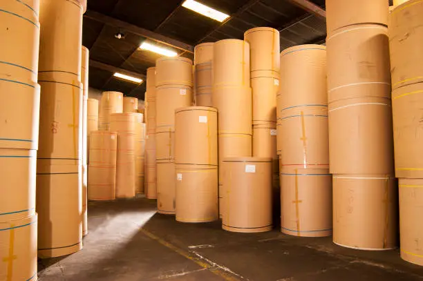 Photo of View of huge rolls of paper in spacious newspaper factory