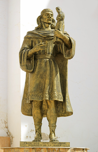 Statue of Francisco Tito Yupanqui at the Basilica of Our Lady of Copacabana, the first saint of Bolivia and the sculptor who carved wooden image of Our Lady of Copacabana, Bolivia, 29th April 2018