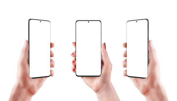 istock Isolated phone in hand mockup in three position. Isolated round screen and background. Modern phone with camera built into the display and round edges 1208989455