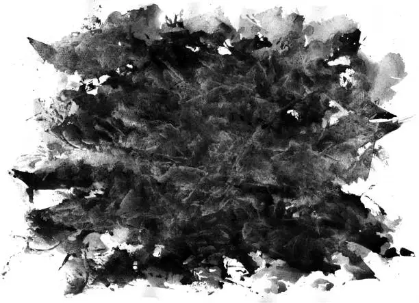 Vector illustration of Abstract vector illustration - big unexpected uncontrolled explosion of black paint in the middle od white paper background - explosive energy in the form of large dirty messy uneven 3D effect accumulation of ominous clouds