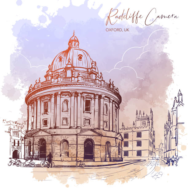 Radcliffe Camera. Westminster, London, UK. Excellent example of the Palladian architecture. Radcliffe Camera. Westminster, London, UK. Excellent example of the Palladian architecture. Vintage design. Linear sketch on a watercolor textured background. EPS10 vector illustration radcliffe camera stock illustrations