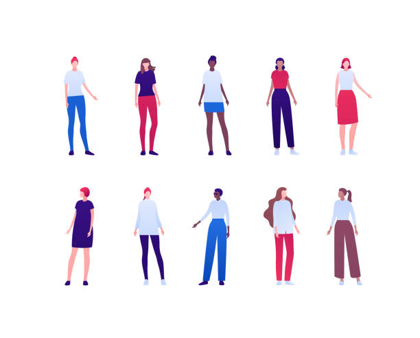 Casual female fashion concept. Vector flat person illustration set. Women of different ethnic standing in full face isolated on white. Design element for banner, infographic poster, web background Casual female fashion concept. Vector flat person illustration set. Women of different ethnic standing in full face isolated on white. Design element for banner, infographic poster, web background Smart Casual stock illustrations