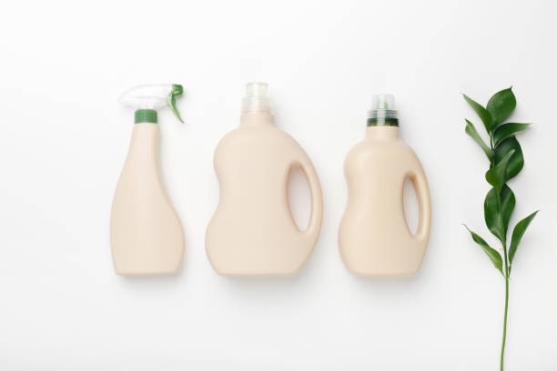 Set of bottles with mockup packaging, cleaning detergent on white background. Cleaning tools, cleanliness