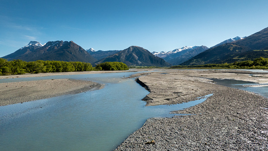 Landscape with Rees River, west of Glenorchy, South Island, New Zealand. Looking north, towards the Southern Alps.
