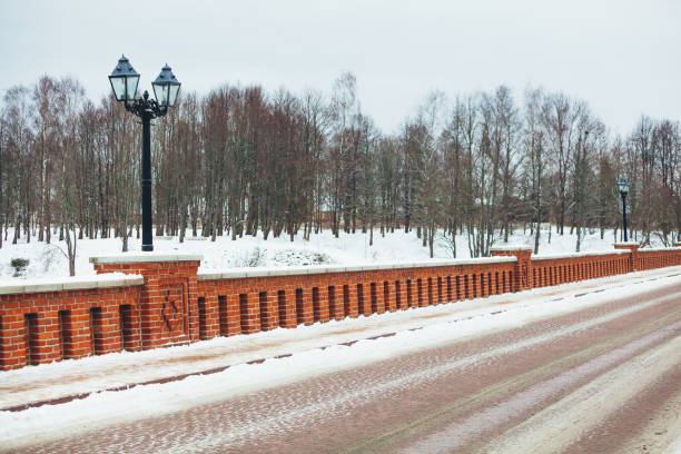It was built in 1874 and is the longest bridge of this kind of road bridge in Europe. Empty road in a snowy day of December.\