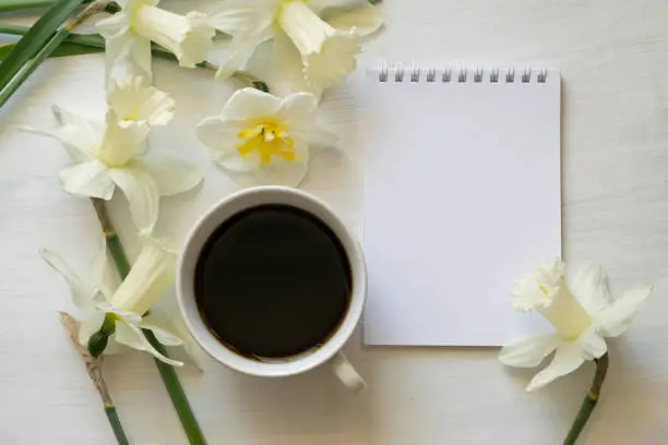 Photo of Notepad, cup of coffee and daffodils on a white table. Inspirational workplace.