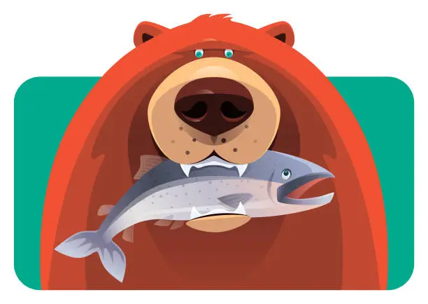 Vector illustration of bear holding fish