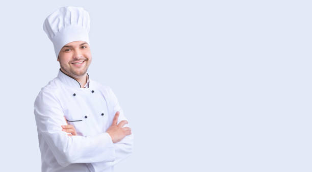 istock Cook Guy Standing Crossing Hands Posing Over White Background, Panorama 1209003599