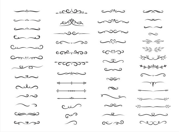 eelegant рука обращается цветок орнамент текст разделители, стрелки завитки, свитки и лавровый дизайн элементов набор - ornate dividing decoration calligraphy stock illustrations