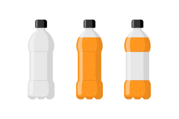 ilustrações, clipart, desenhos animados e ícones de garrafa de plástico vazia com bebida de refrigerante laranja e etiqueta. bebida carbonada com bolhas na ilustração vetorial isolada do tare - packaging horizontal non alcoholic beverage orange juice