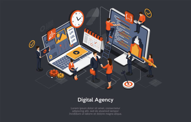 ilustrações de stock, clip art, desenhos animados e ícones de digital agency concept. a team of people builds a chart and graphs. digital projects, clients brief. the concept of the idea of marketing, strategy, data analysis. isometric vector illustration - press release
