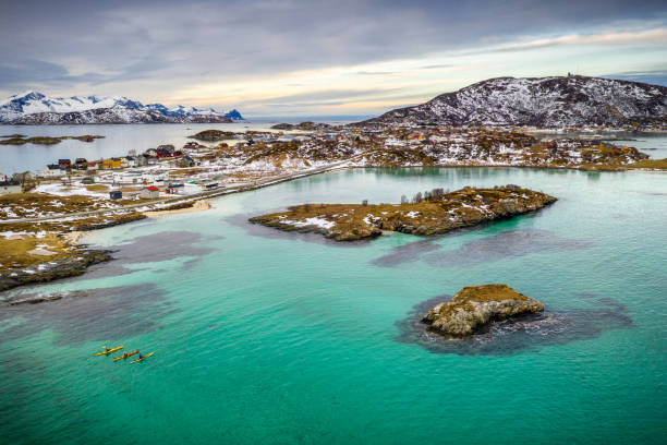 aerial view of sommaroy islands, troms County, Norway aerial view of sommaroy islands, troms County, Norway sommaroy stock pictures, royalty-free photos & images