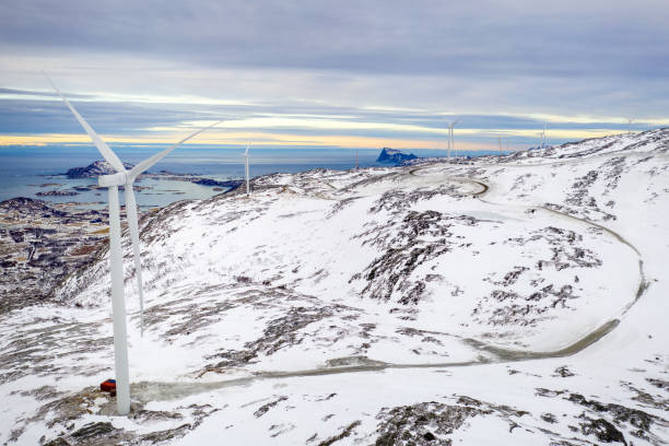Wind power sustainable resource in the Arctic, windmill in troms county, sommaroy, Norway aerial view windmill in troms county, sommaroy, Norway sommaroy stock pictures, royalty-free photos & images
