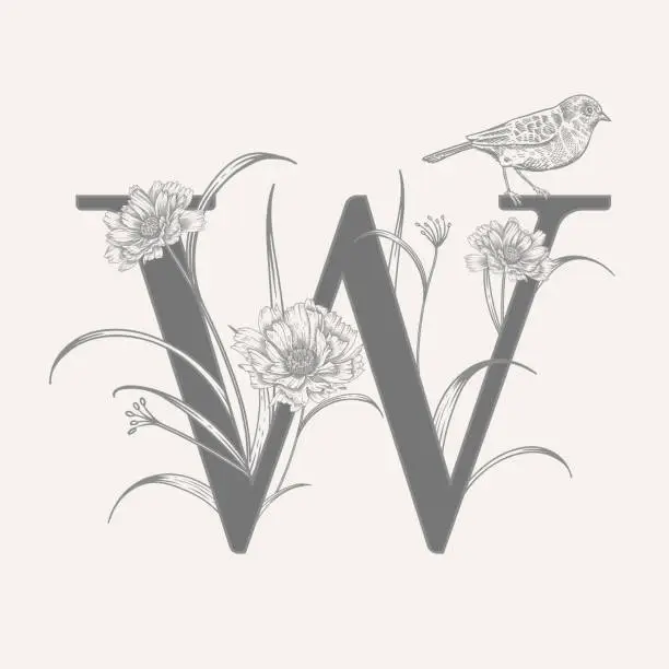 Vector illustration of Decoration with letter W, decorative flowers and bird.