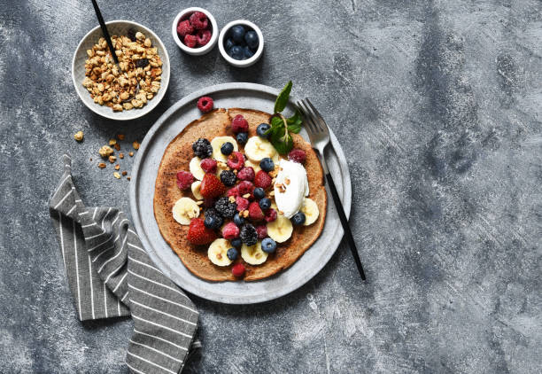 istock Crepe with berries and yogurt for breakfast. Breakfast on the kitchen table top view. 1209008455