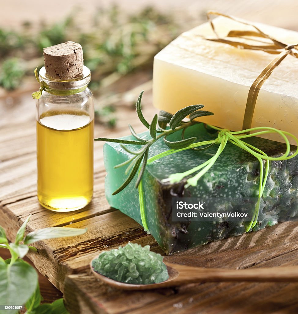 Piece of natural soap. Pieces of natural soap with oil and herbs. Bar Of Soap Stock Photo