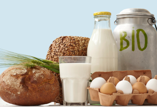 Fresh eggs, bread  and dairy products in glass and Aluminum containers