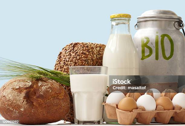 Bio Food Staples Window Display Stock Photo - Download Image Now - Biology, Milk, Groceries