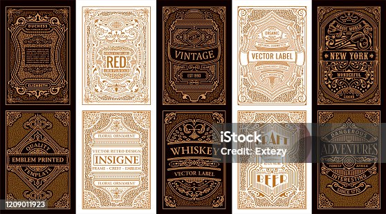 istock Vintage set retro cards. Template greeting card wedding invitation. Line gold calligraphic frames 1209011923