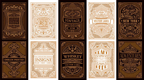 Vintage set retro cards. Template greeting card wedding invitation. Line gold calligraphic frames Vintage set retro cards. Template greeting card wedding invitation. Line gold calligraphic frames. Floral engraving design golden labels. Advertising place for text. Flourishes frame background filigree illustrations stock illustrations