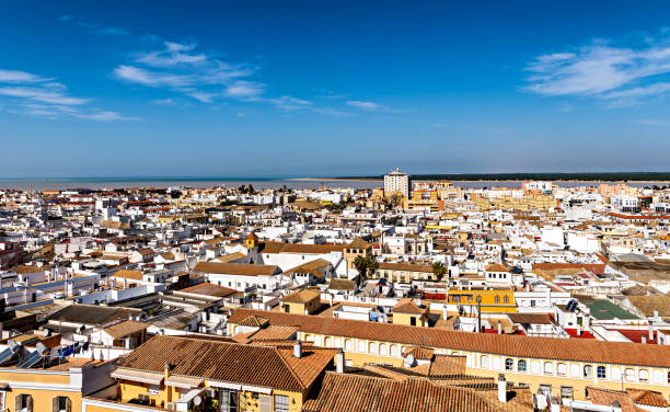 CItyscape of Sanlucar de Barrameda in southern Spain; high angle view. stock photo
