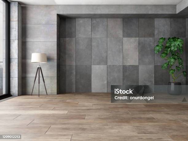 Stone Wall And Parquet Floor Stock Photo - Download Image Now - Domestic Room, Backgrounds, Empty