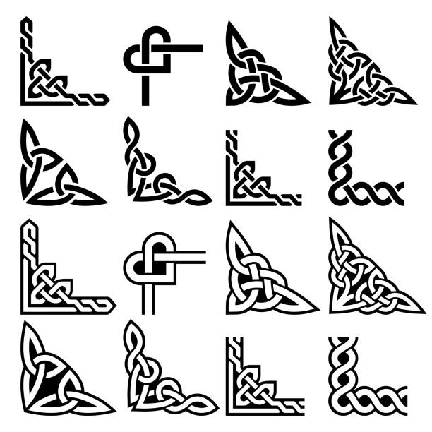 Irish Celtic vector corners design set, braided frame patterns - greeting card and invititon design elements Retro Celtic collection of corners in black and white, traditional ornaments from Ireland irish culture stock illustrations