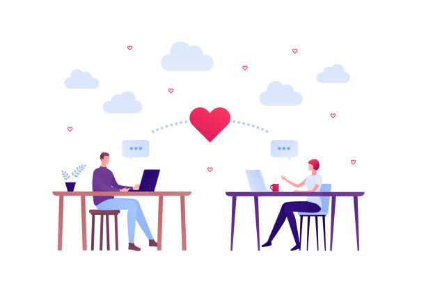 Love relationship concept. Vector flat person modern illustration. Couple of male and female sitting at table with laptop, talk bubble and heart shape. Design element for valentine holiday banner. Love relationship concept. Vector flat person modern illustration. Couple of male and female sitting at table with laptop, talk bubble and heart shape. Design element for valentine holiday banner. distant love stock illustrations