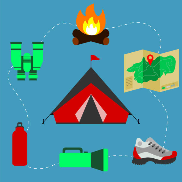 Tent surrounded with camping or outdoor equipment. Hiking icons.Camping concept. Outdoor gear and accessories. Tent, map, camp fire, hiking shoe, flashlight. Vector illustration, flat style, clip art. base camp stock illustrations