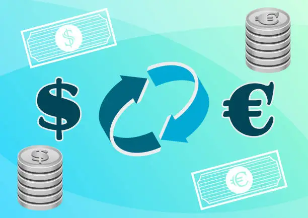Vector illustration of Currency conversion from Dollar to Euro and vice versa. Dollar and Euro signs with arrows.