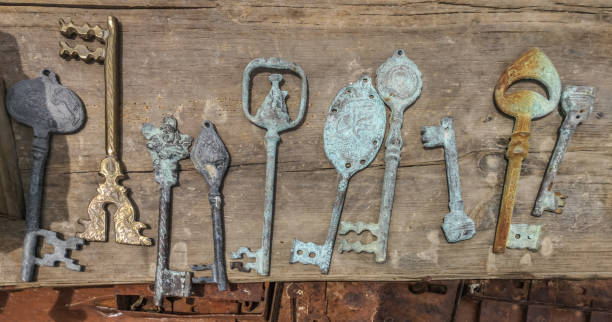 istock Group of antique keys on the wood table 1209013136