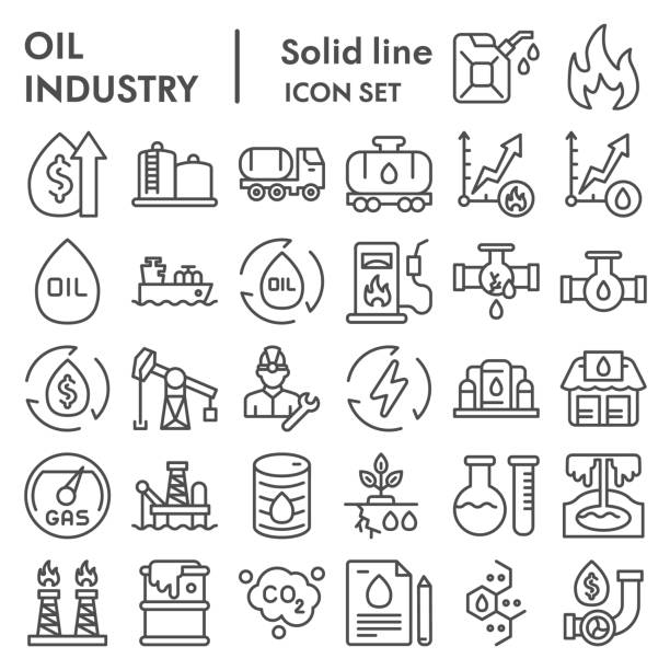 illustrazioni stock, clip art, cartoni animati e icone di tendenza di set di icone della linea dell'industria petrolifera. raccolta segni carburante, schizzi vettoriali, illustrazioni logo, simboli web. pacchetto pittogrammi in stile contorno isolato su sfondo bianco. - power car immagine