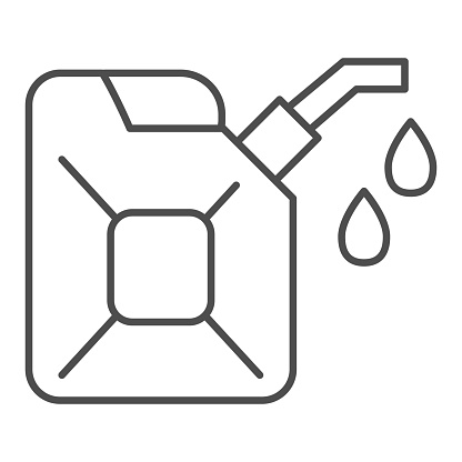 Canister thin line icon. Can with drop of fuel. Oil industry vector design concept, outline style pictogram on white background