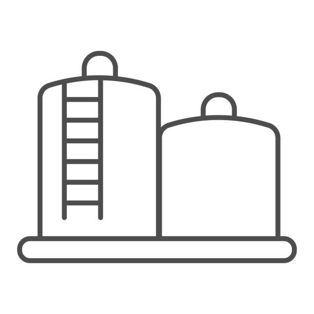 Fuel storage thin line icon. Tank farm with liquid. Oil industry vector design concept, outline style pictogram on white background. Fuel storage thin line icon. Tank farm with liquid. Oil industry vector design concept, outline style pictogram on white background Tank stock illustrations