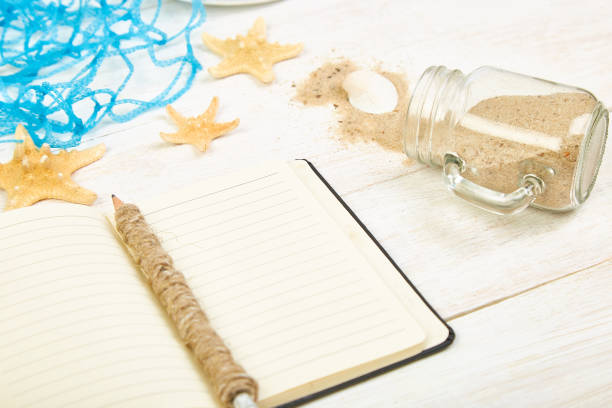 istock Notebook, starfishes and seashells, glass with sand 1209014600
