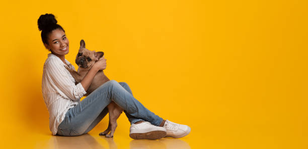 feliz afro mulher dona do cão com seu cachorrinho buldogue francês bonito - groping - fotografias e filmes do acervo