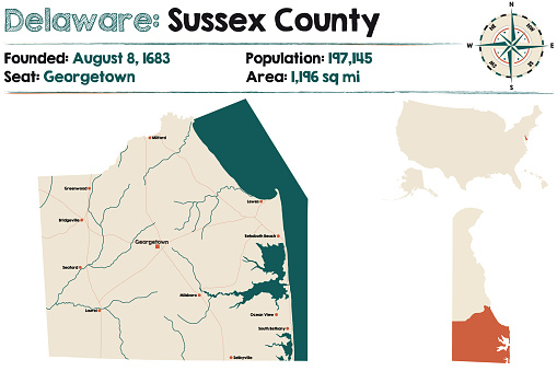 Large and detailed map of Sussex county in Delaware, USA.